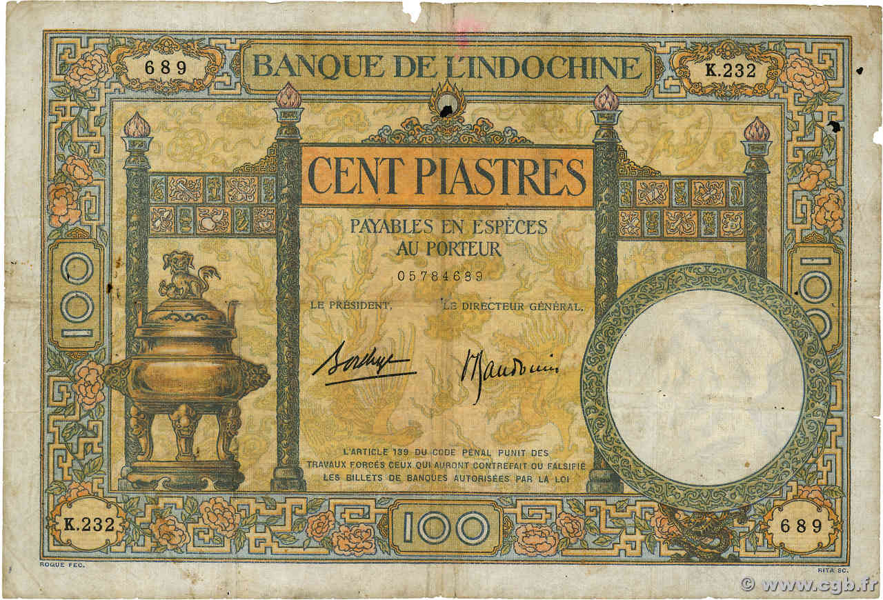 100 Piastres INDOCHINE FRANÇAISE  1936 P.051d B