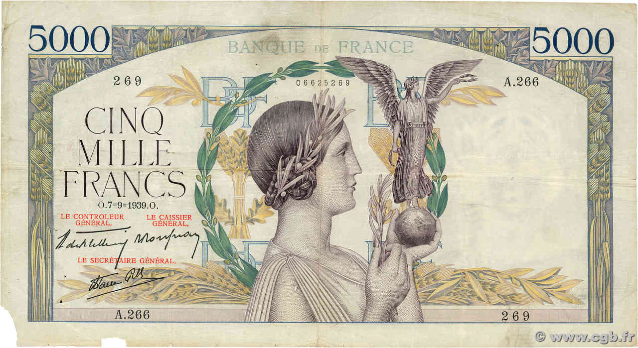 5000 Francs VICTOIRE Impression à plat FRANKREICH  1939 F.46.09 fS