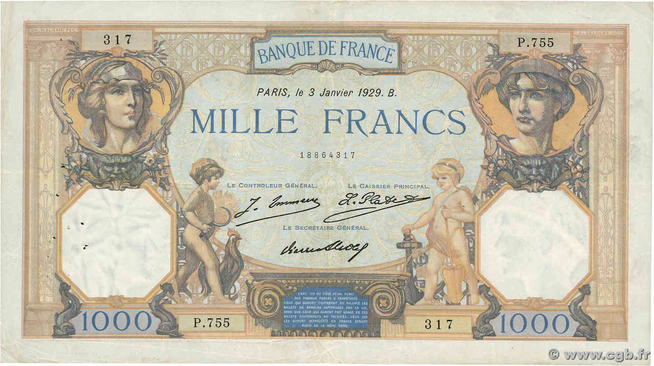 1000 Francs CÉRÈS ET MERCURE FRANCE  1929 F.37.03 TB+