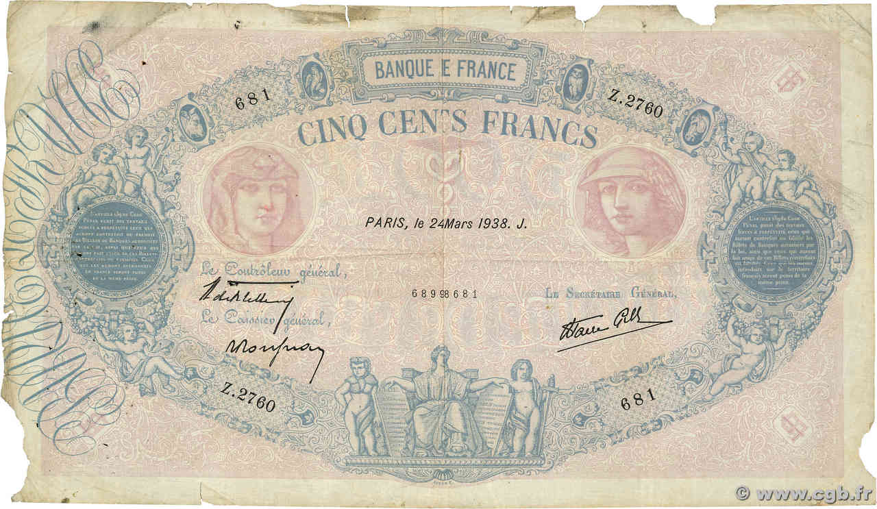 500 Francs BLEU ET ROSE modifié FRANCE  1938 F.31.06 B
