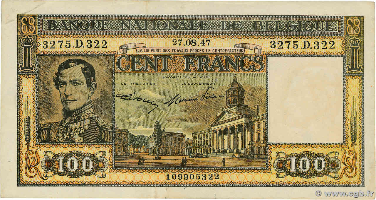 100 Francs BELGIUM  1947 P.126 VF+