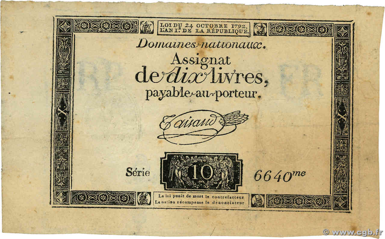 10 Livres filigrane républicain FRANCE 1792 Ass.36b 509222 Banknotes