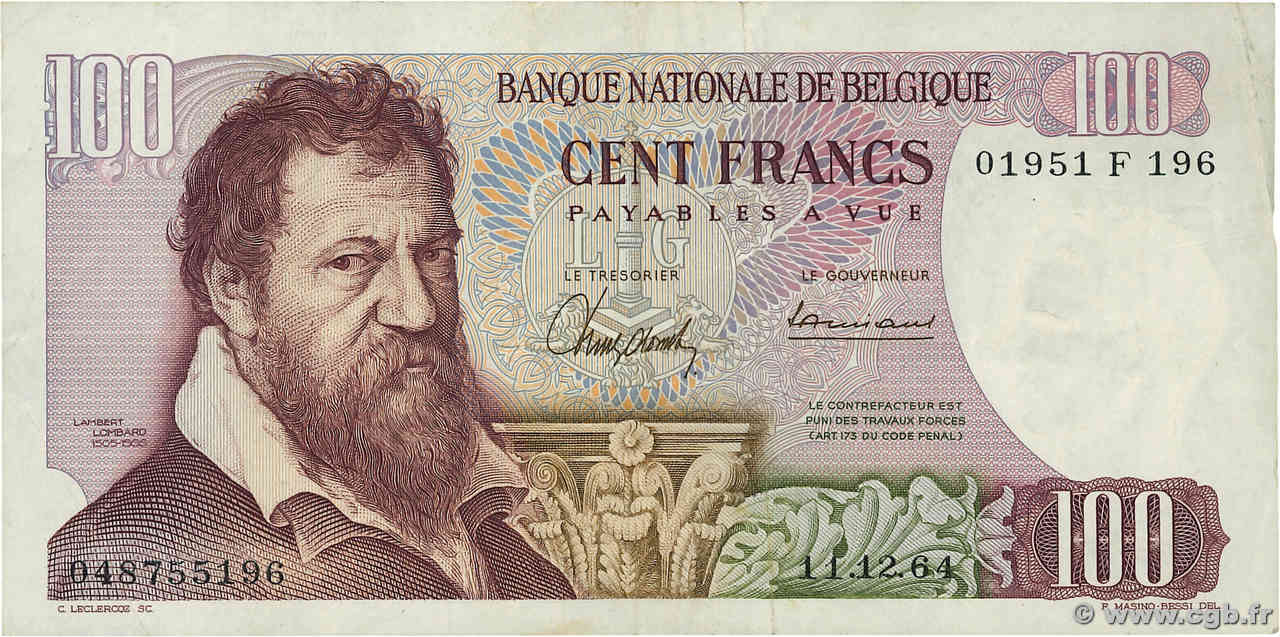 100 Francs BELGIQUE  1964 P.134a TB+