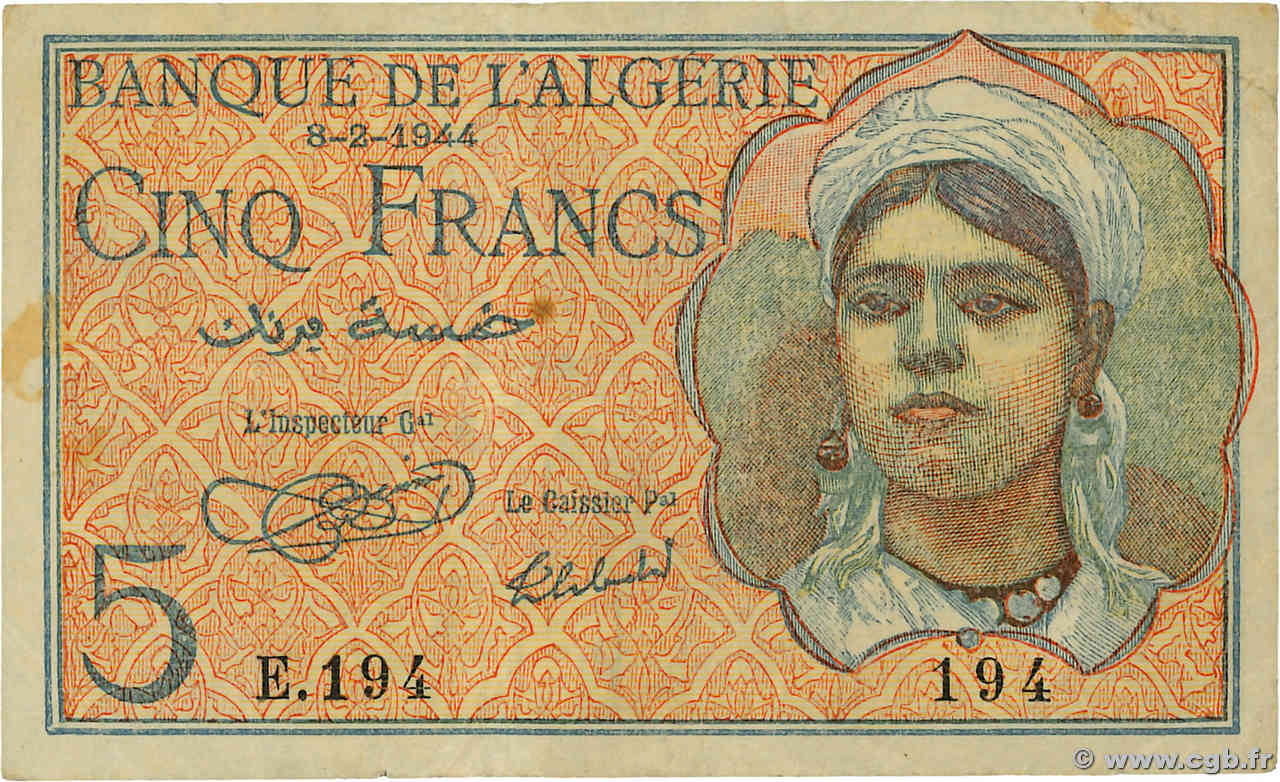 5 Francs ALGÉRIE  1944 P.094a TTB