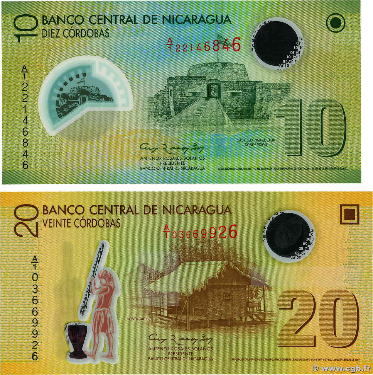 10 et 20 Cordobas Lot NICARAGUA  2007 P.201a et P.202a NEUF
