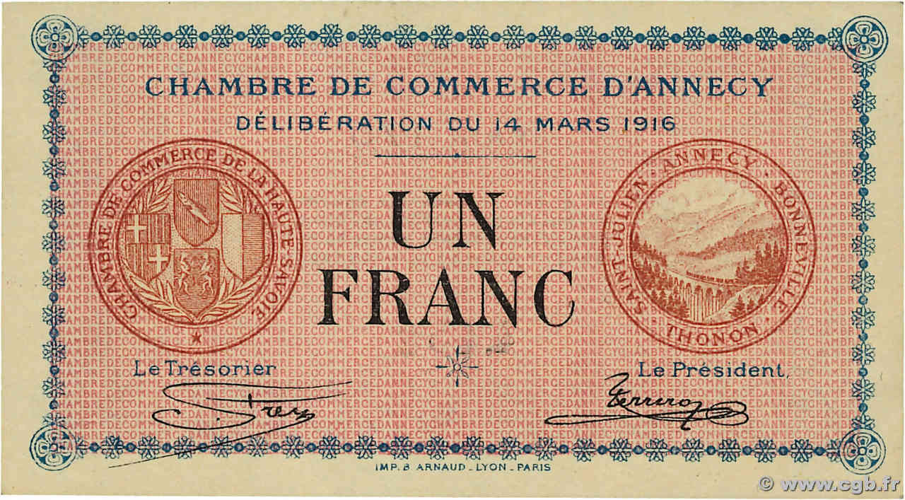 1 Franc FRANCE régionalisme et divers Annecy 1916 JP.010.05 SPL