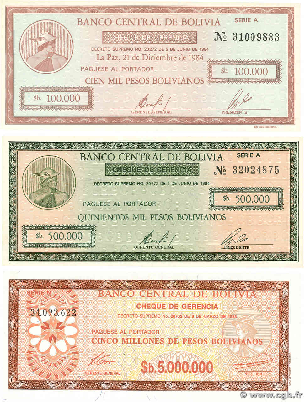 100000, 500000 et 5000000 Pesos Bolivianos Lot BOLIVIE  1984 P.188, P.189 et P.193 NEUF