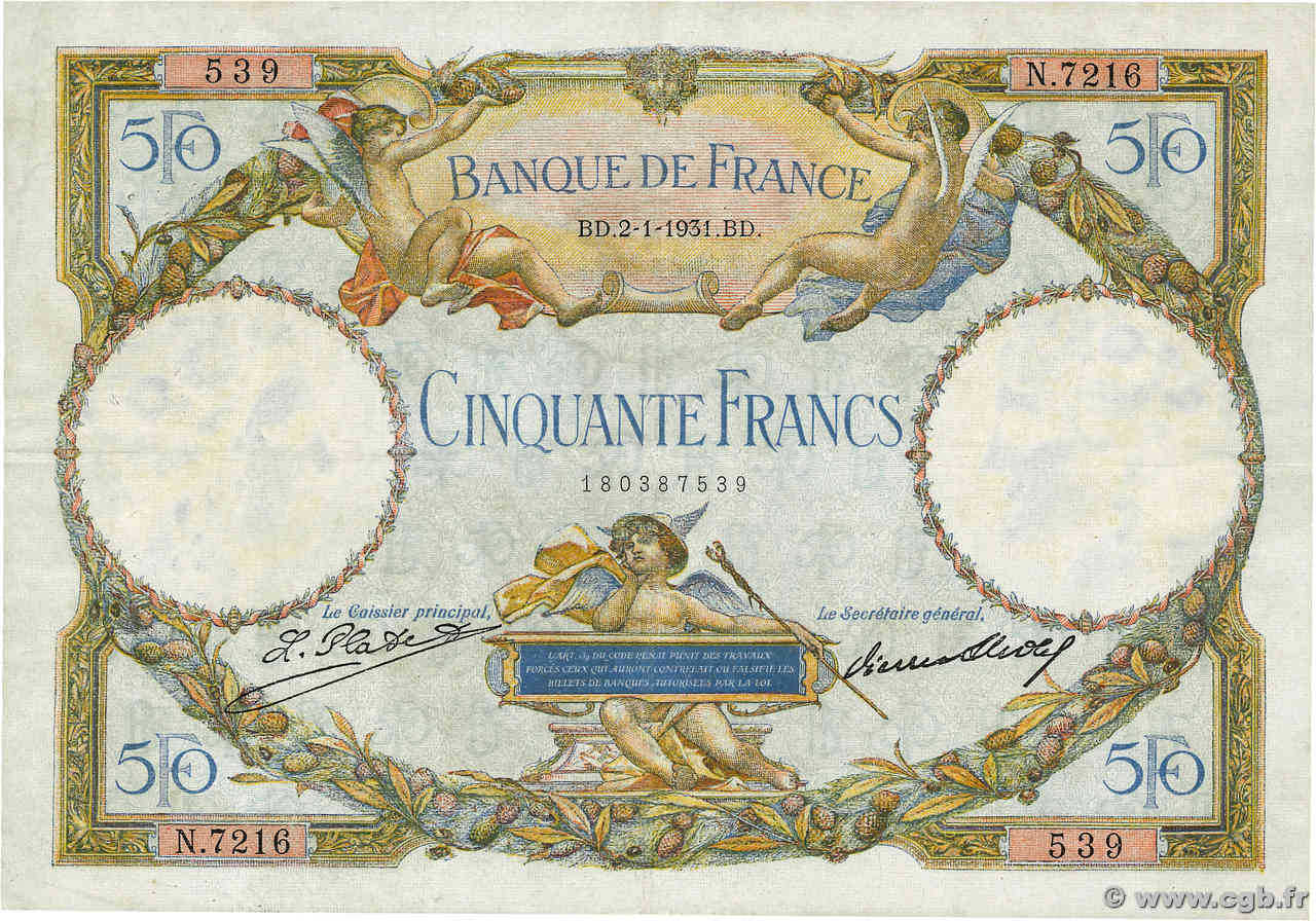 50 Francs LUC OLIVIER MERSON type modifié FRANCIA  1931 F.16.02 MBC