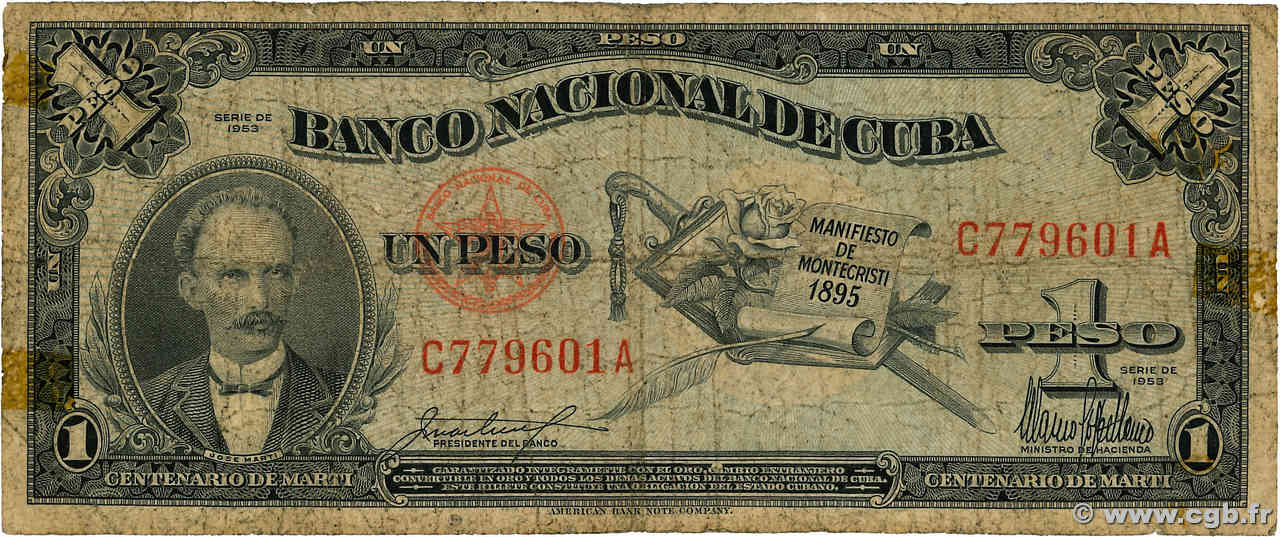 1 Peso Commémoratif CUBA  1953 P.086a B