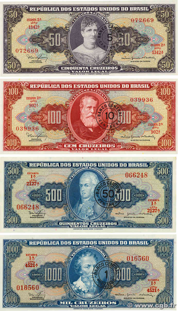 5 Centavos sur 50 Cruzeiros à 1 Cruzeiro Novo sur 1000 Cruzeiros Lot BRÉSIL  1966 P.184b, P.185, P.186 et P.187 NEUF
