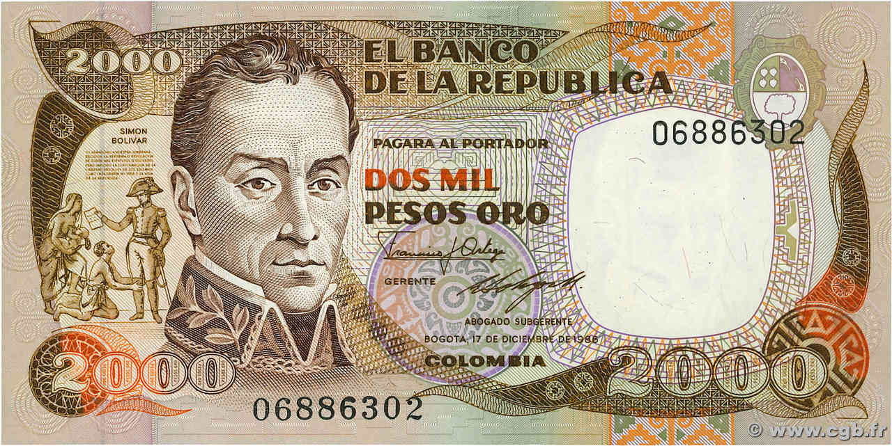 2000 Pesos Oro COLOMBIE  1985 P.430d pr.NEUF