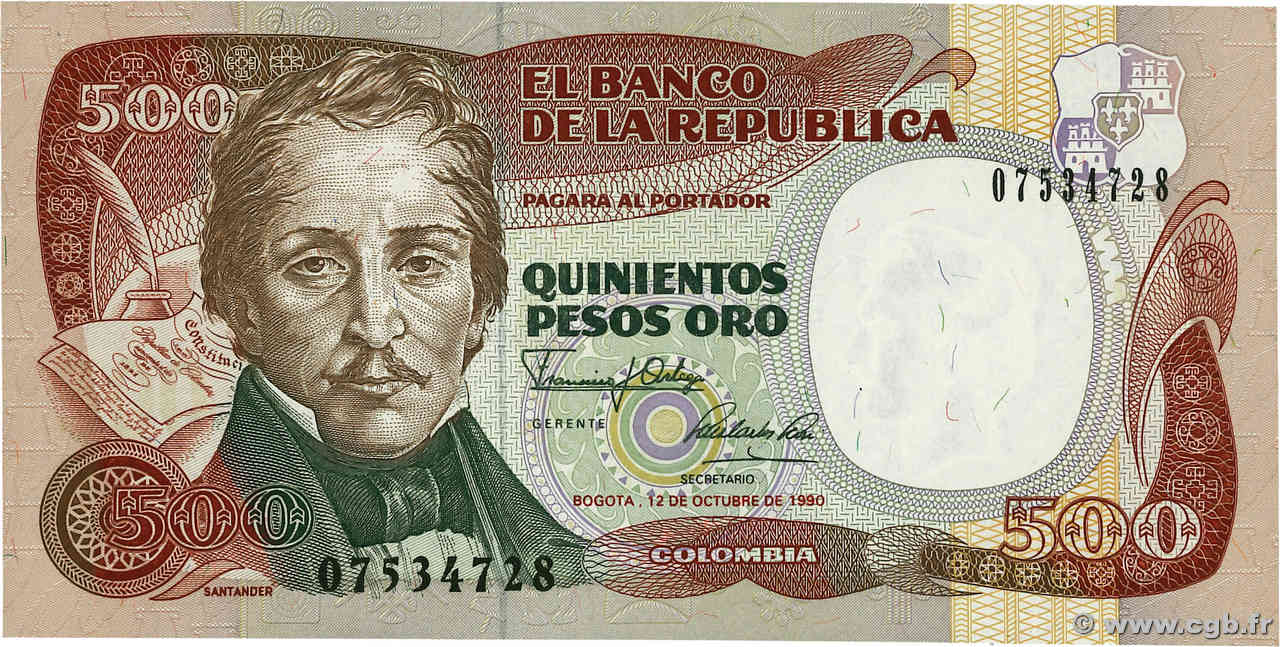 500 Pesos Oro COLOMBIE  1990 P.431 NEUF