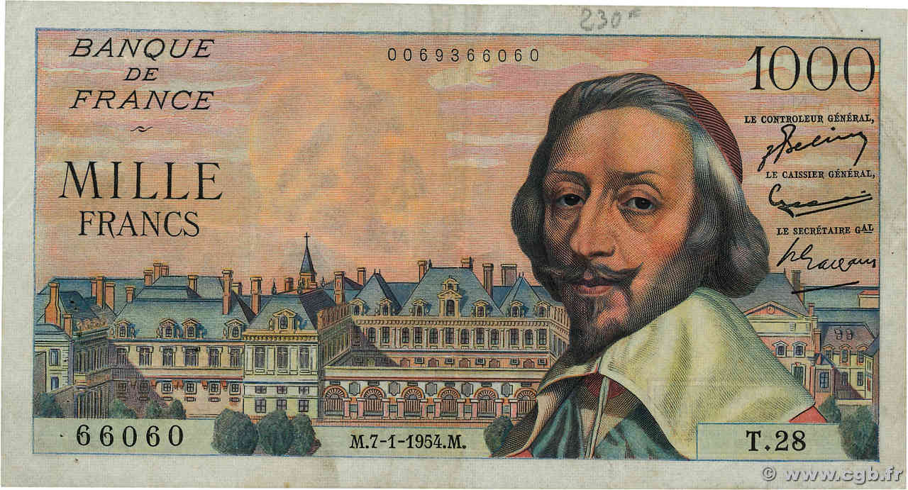 1000 Francs RICHELIEU FRANCIA  1954 F.42.04 q.BB