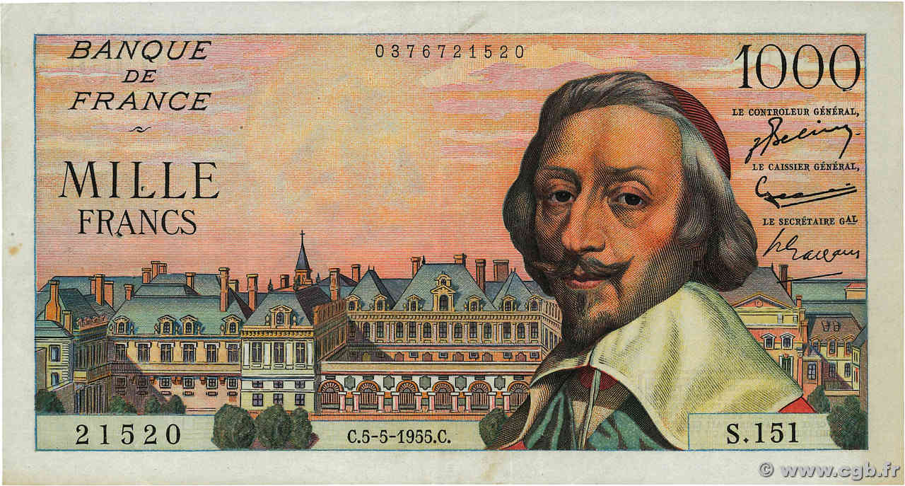 1000 Francs RICHELIEU FRANCE  1955 F.42.13 TTB+