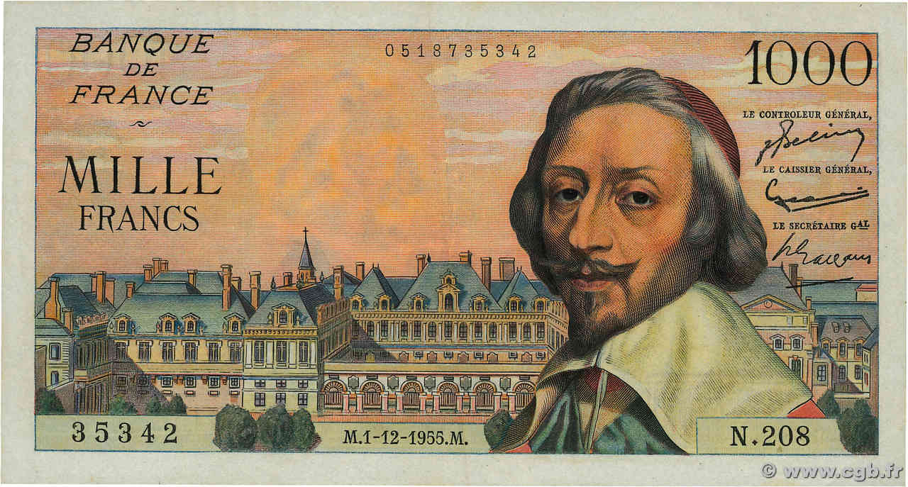 1000 Francs RICHELIEU FRANCIA  1955 F.42.17 q.SPL