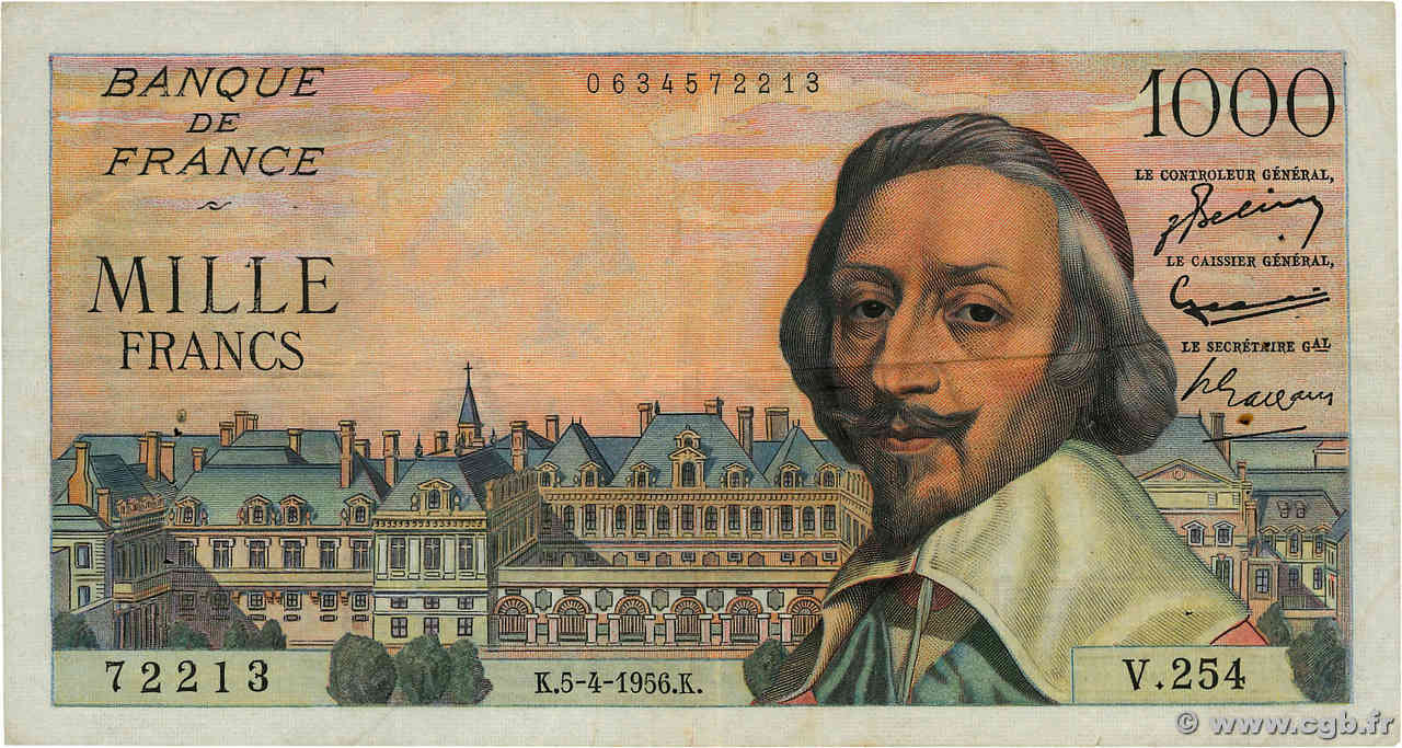 1000 Francs RICHELIEU FRANCE  1956 F.42.20 VF-