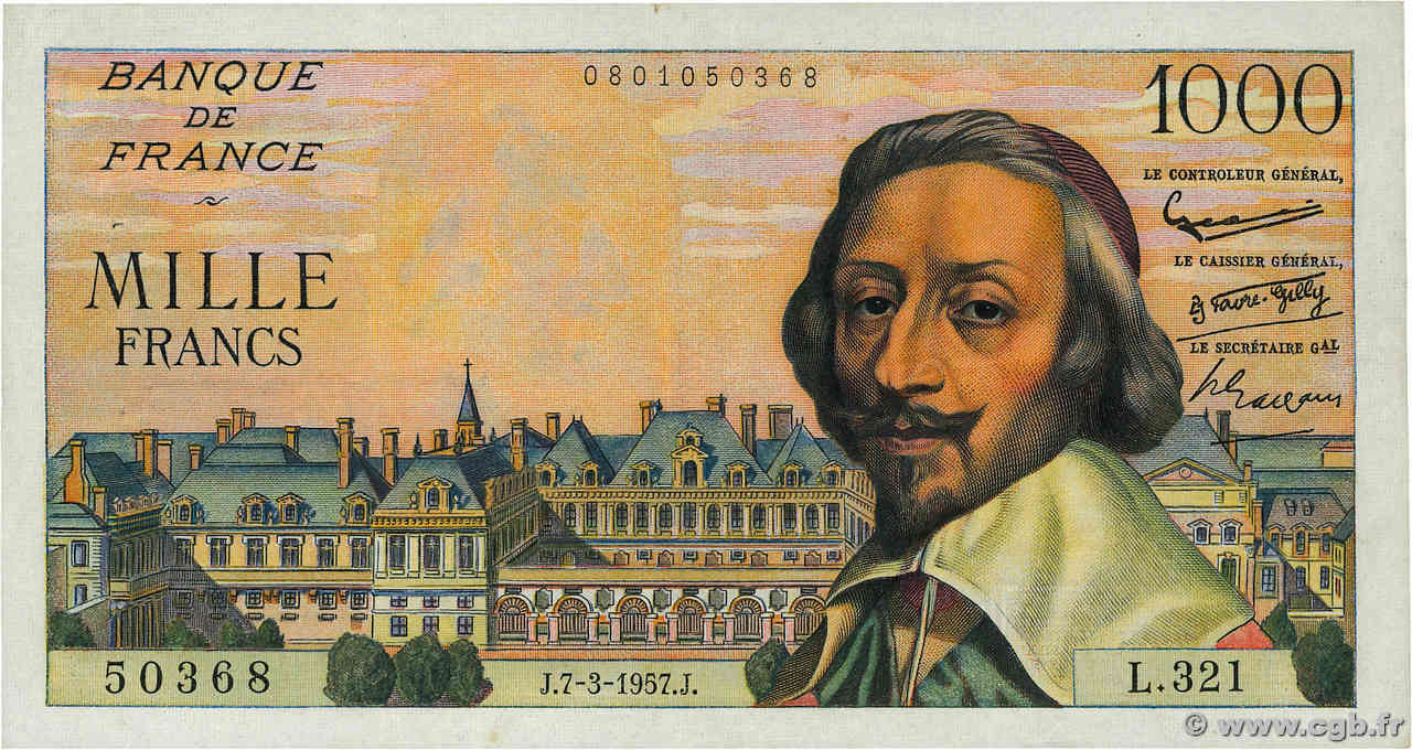 1000 Francs RICHELIEU FRANCE  1957 F.42.25 TTB+
