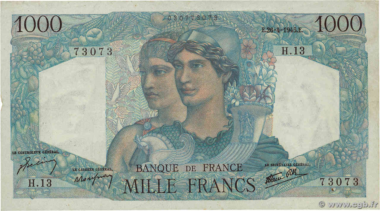 1000 Francs MINERVE ET HERCULE Numéro spécial FRANCE  1945 F.41.02 pr.TTB