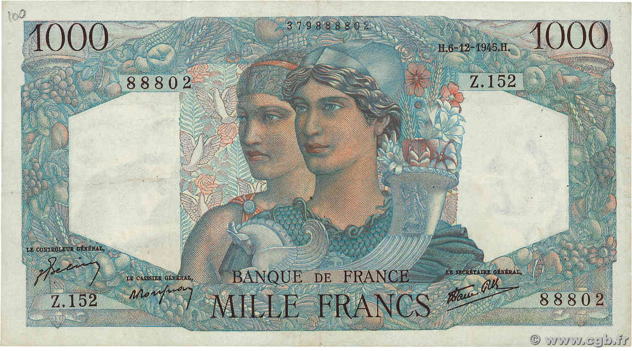 1000 Francs MINERVE ET HERCULE FRANCE  1945 F.41.09 VF+