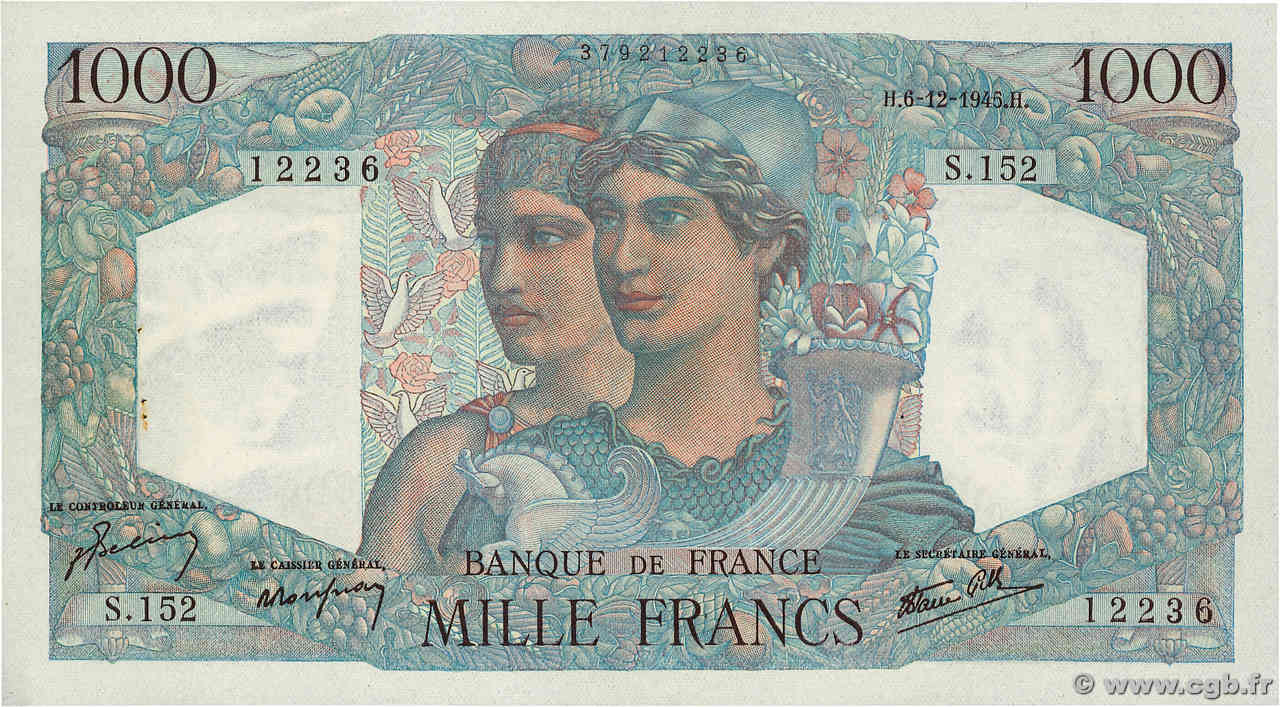 1000 Francs MINERVE ET HERCULE FRANCE  1945 F.41.09 pr.SPL