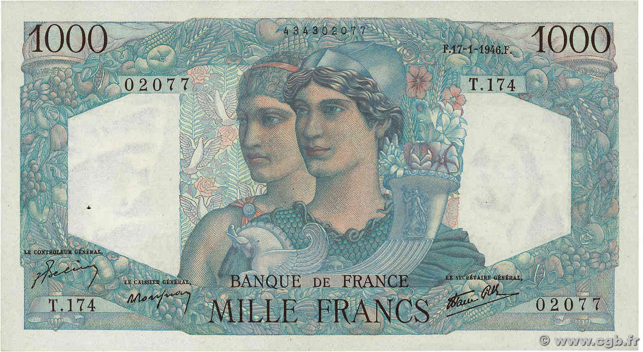 1000 Francs MINERVE ET HERCULE FRANCE  1946 F.41.10 AU-