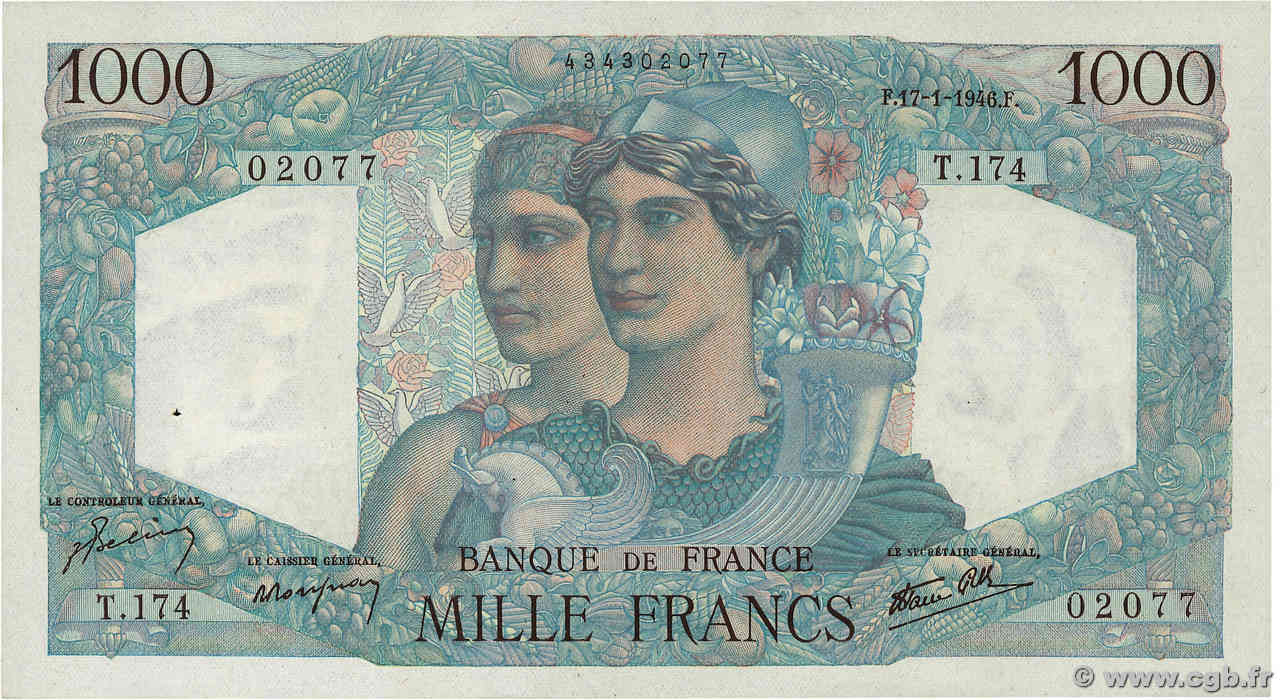 1000 Francs MINERVE ET HERCULE FRANCE  1946 F.41.10 pr.SPL