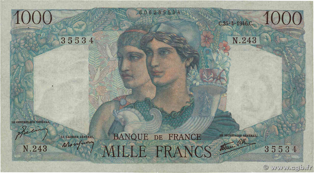 1000 Francs MINERVE ET HERCULE FRANCE  1946 F.41.13 VF+