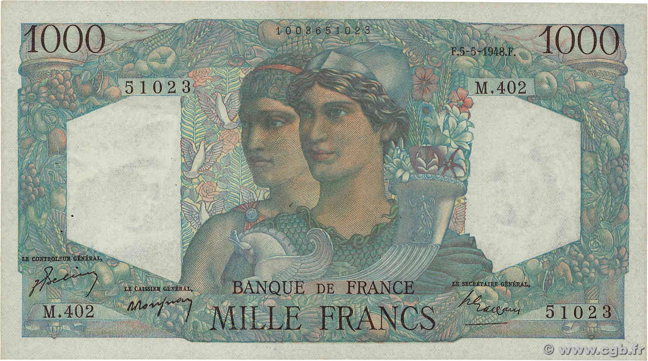 1000 Francs MINERVE ET HERCULE FRANCE  1948 F.41.20a XF-