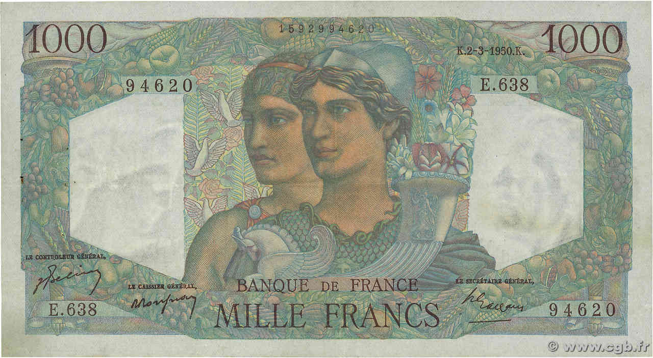 1000 Francs MINERVE ET HERCULE FRANCE  1950 F.41.31 TTB+