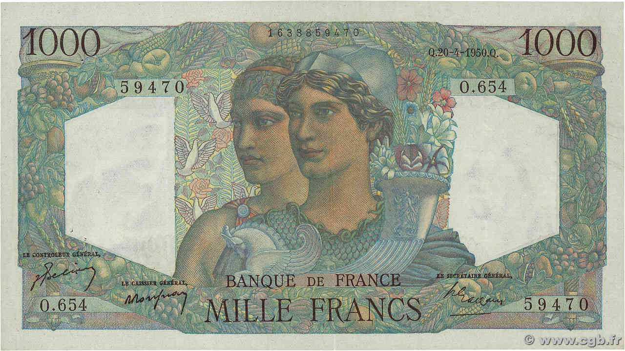 1000 Francs MINERVE ET HERCULE FRANCE  1950 F.41.32 TTB+
