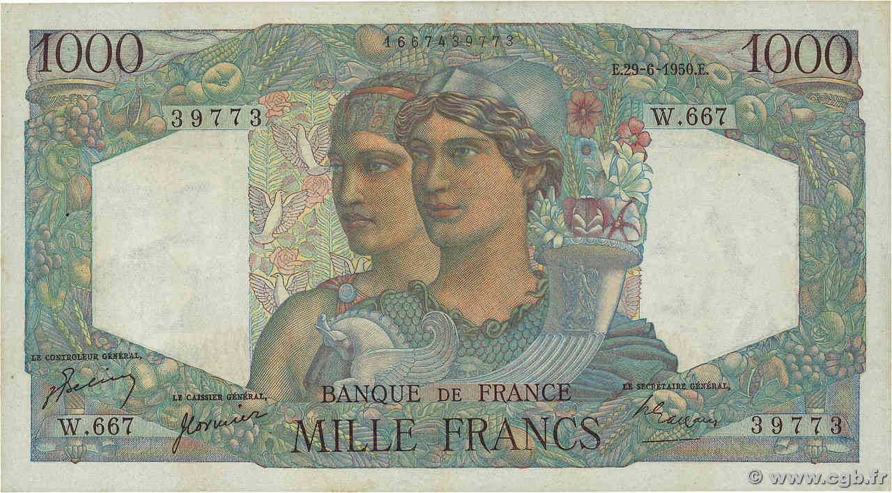 1000 Francs MINERVE ET HERCULE FRANCE  1950 F.41.33 SUP