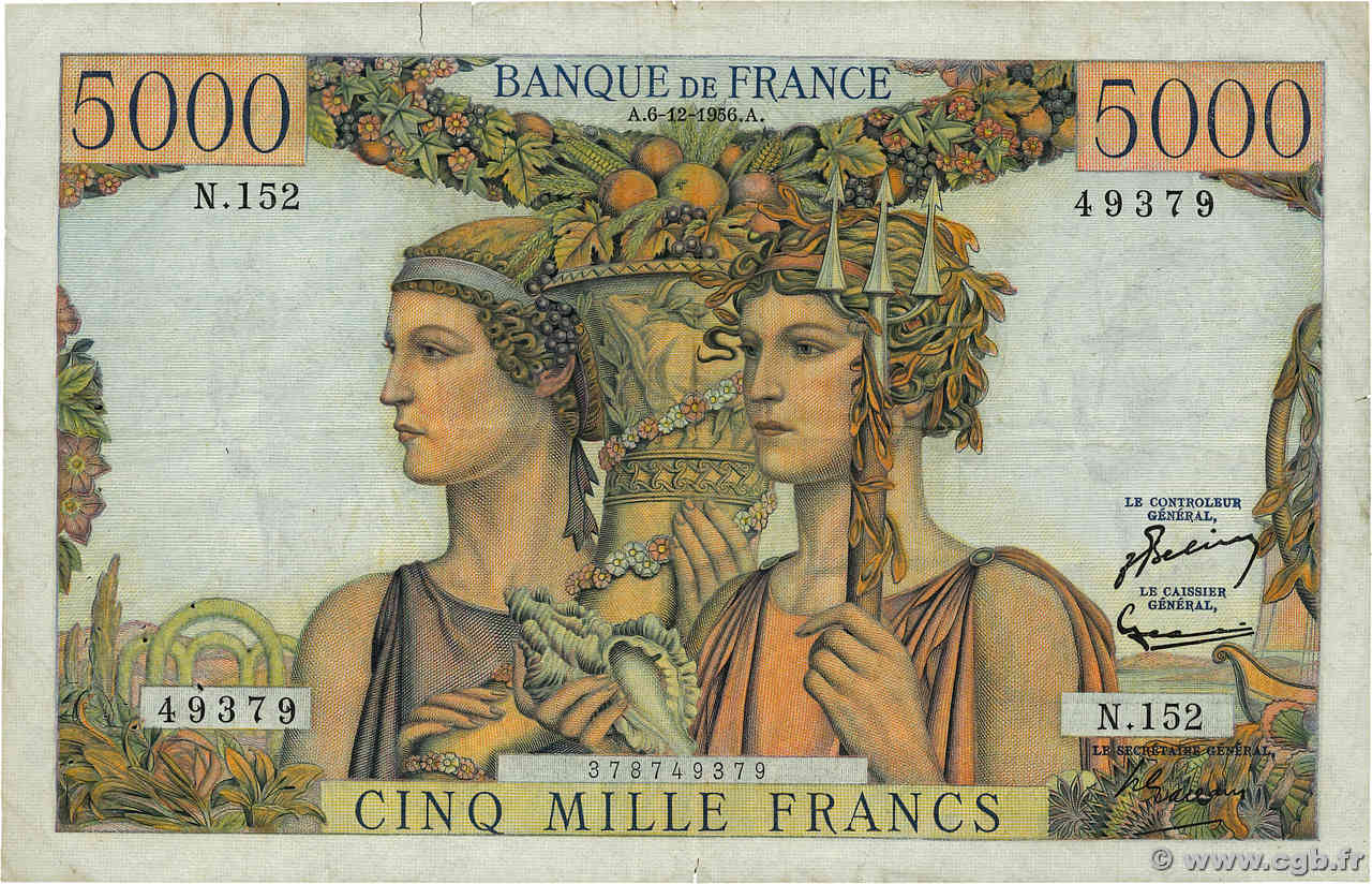 5000 Francs TERRE ET MER FRANCIA  1956 F.48.12 BC+