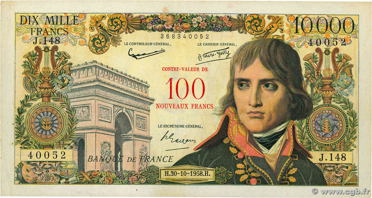 100 NF sur 10000 Francs BONAPARTE FRANCE  1958 F.55.01 VF