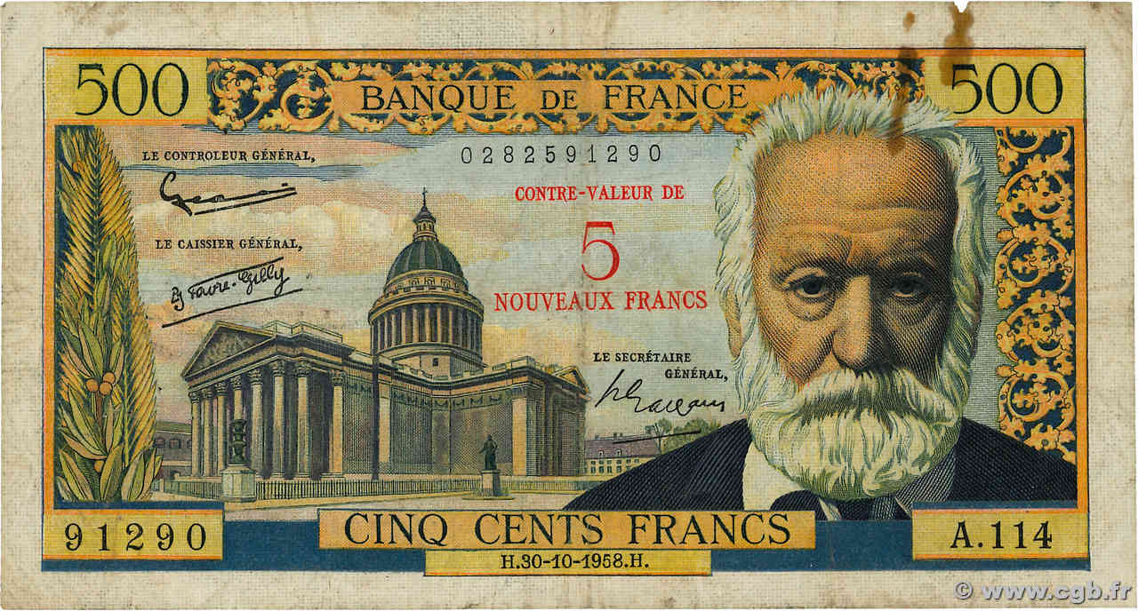 5 NF sur 500 Francs Victor HUGO FRANKREICH  1958 F.52.01 S