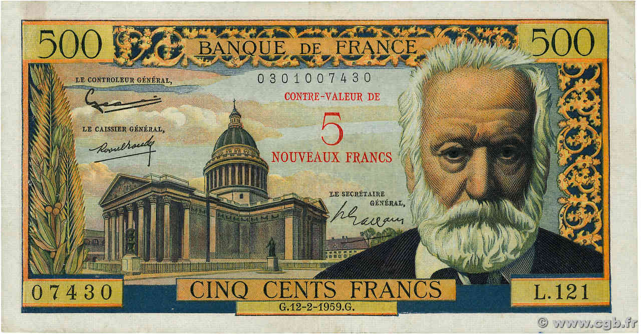 5 NF sur 500 Francs Victor HUGO FRANCE  1959 F.52.02 VF