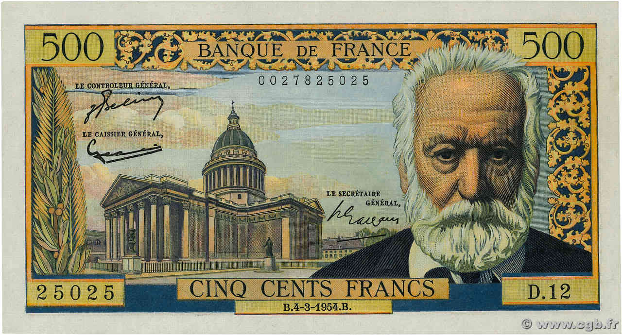 500 Francs VICTOR HUGO Numéro spécial FRANCE  1954 F.35.02 XF+