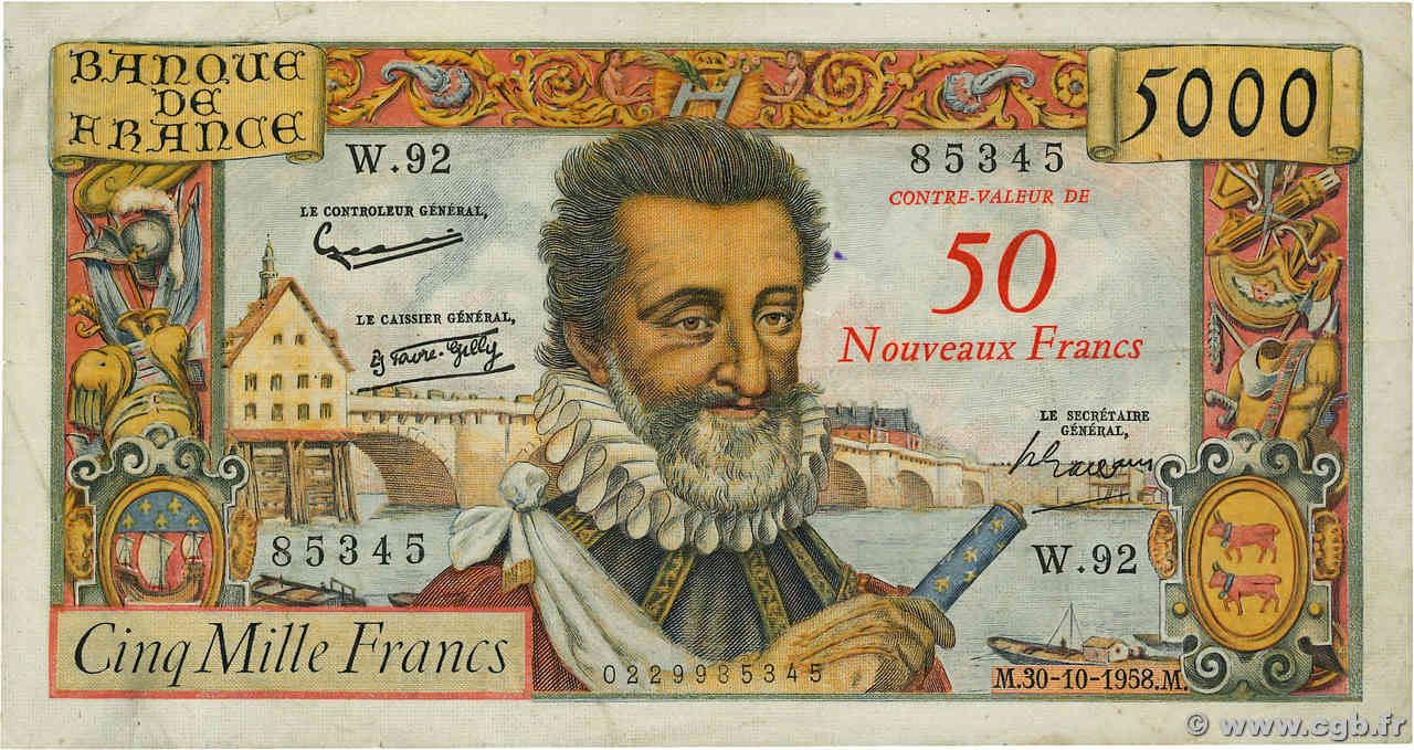 50 NF sur 5000 Francs HENRI IV FRANCIA  1958 F.54.01 BB