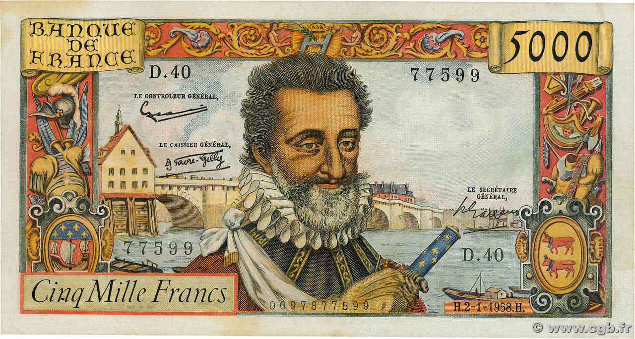 5000 Francs HENRI IV FRANKREICH  1958 F.49.05 fVZ