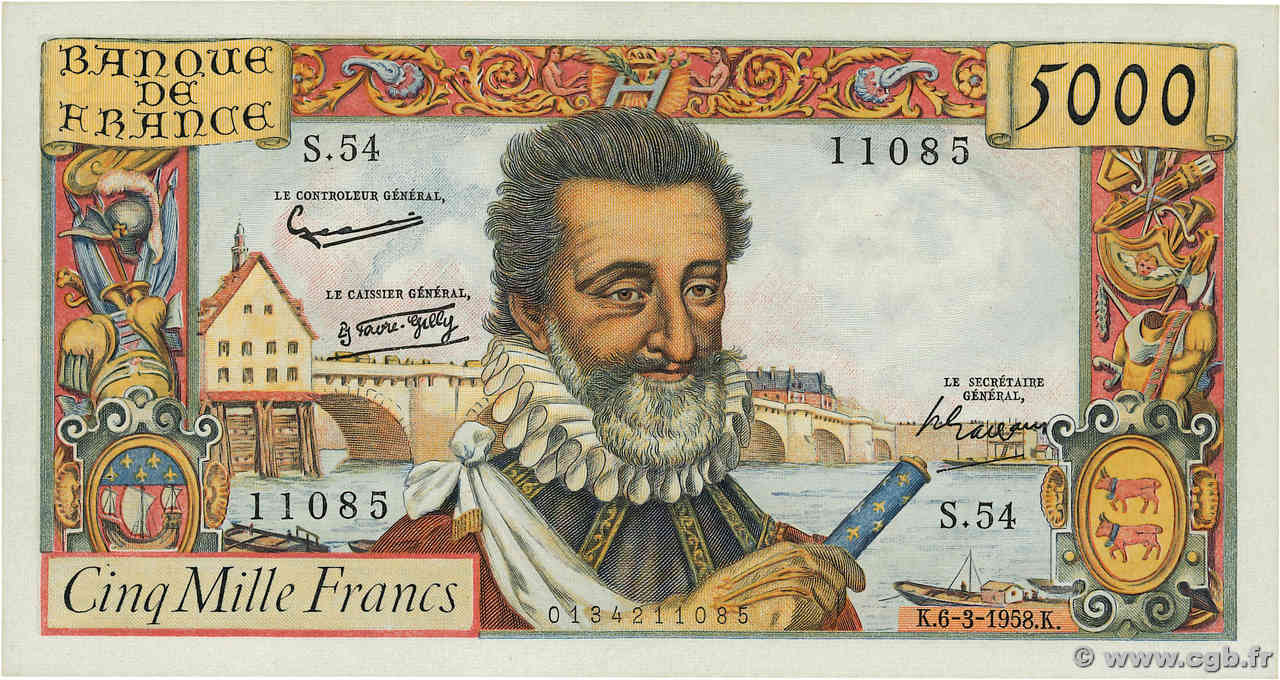 5000 Francs HENRI IV FRANKREICH  1958 F.49.06 VZ