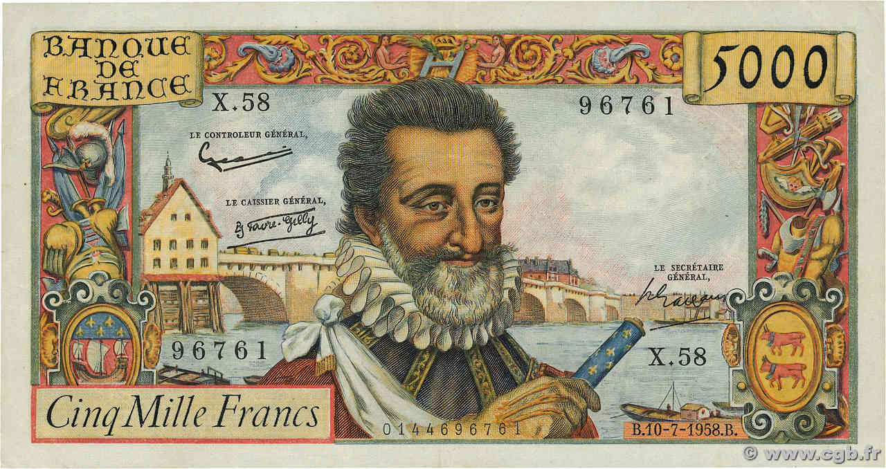 5000 Francs HENRI IV FRANCE  1958 F.49.07 TTB+