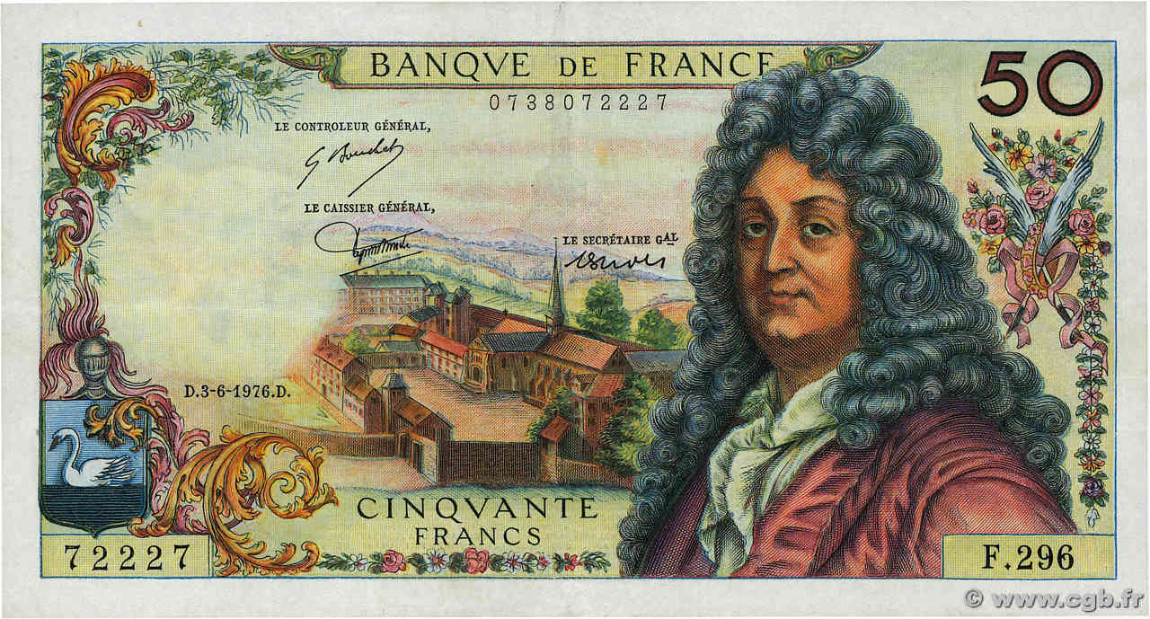 50 Francs RACINE Numéro radar FRANKREICH  1976 F.64.33 fVZ