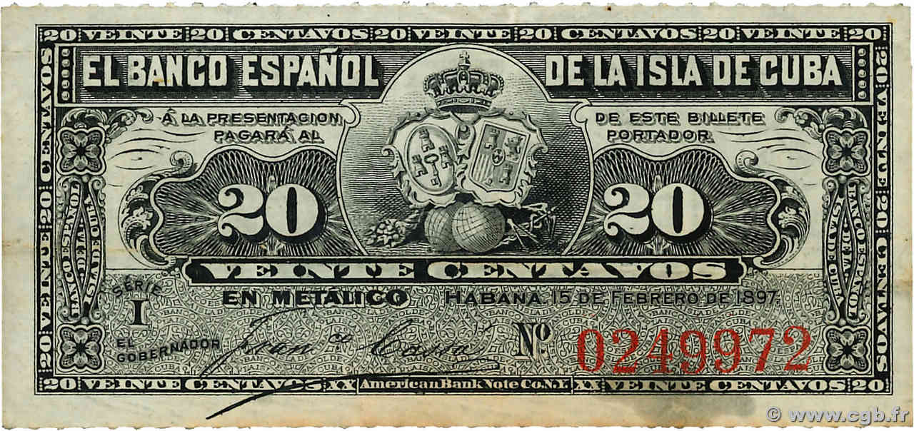 20 Centavos CUBA  1897 P.053a TTB