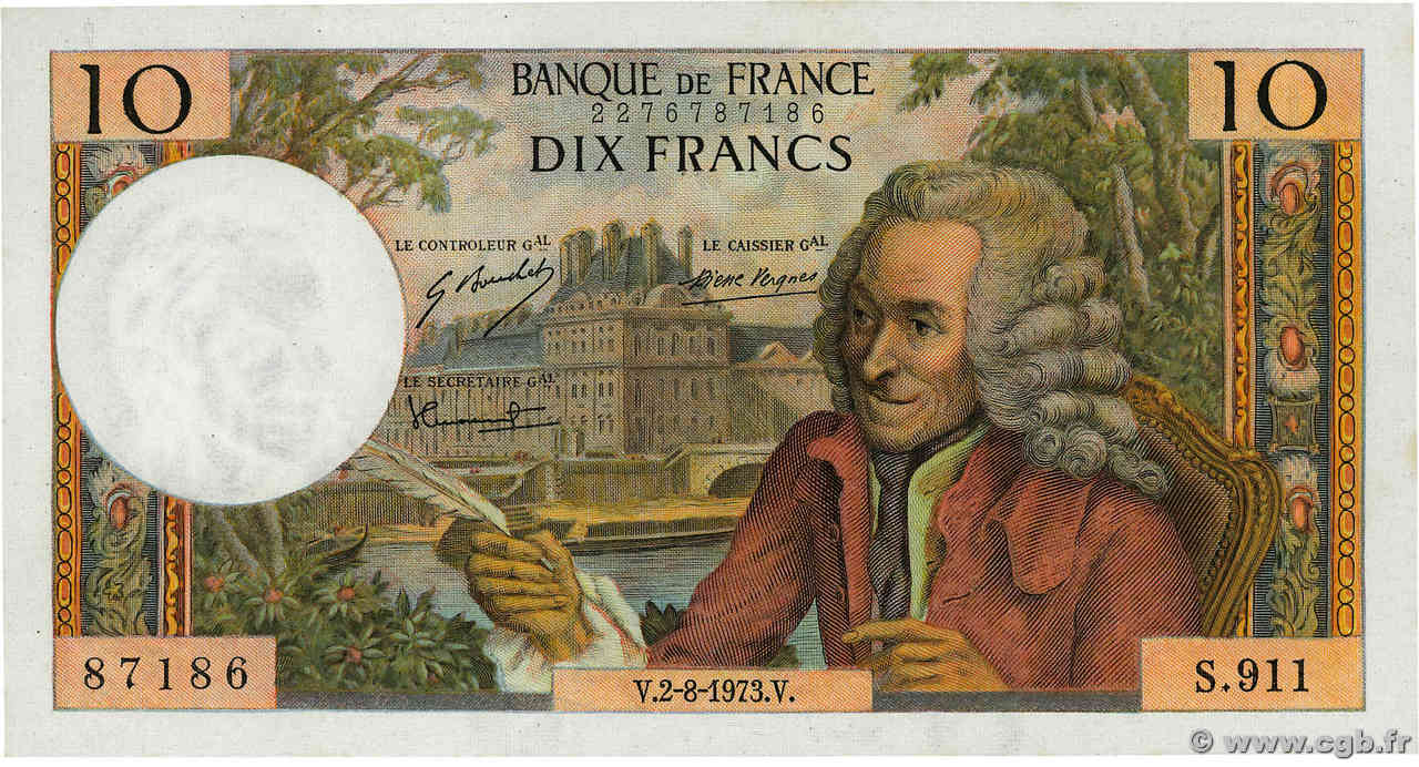 10 Francs VOLTAIRE FRANCE  1973 F.62.63 NEUF