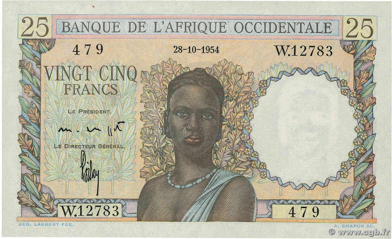 25 Francs FRENCH WEST AFRICA  1954 P.38 XF+