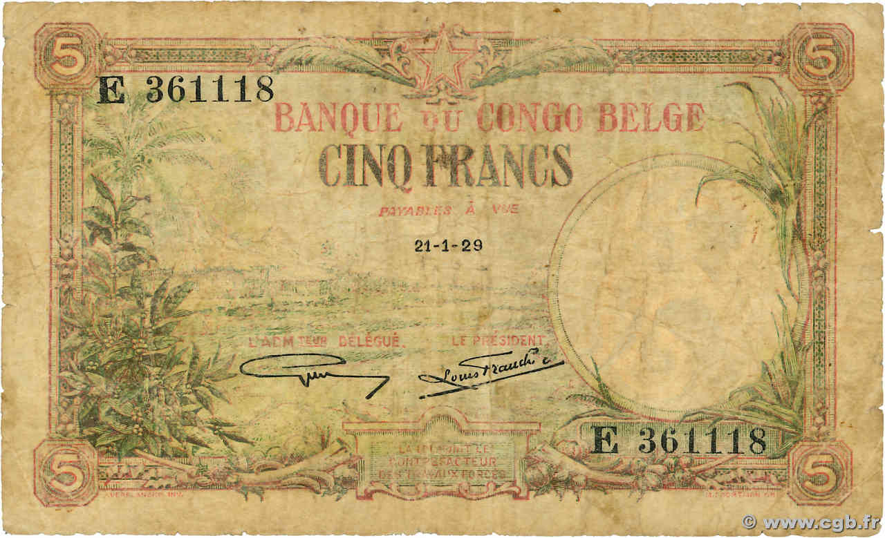 5 Francs BELGISCH-KONGO  1929 P.08e SGE