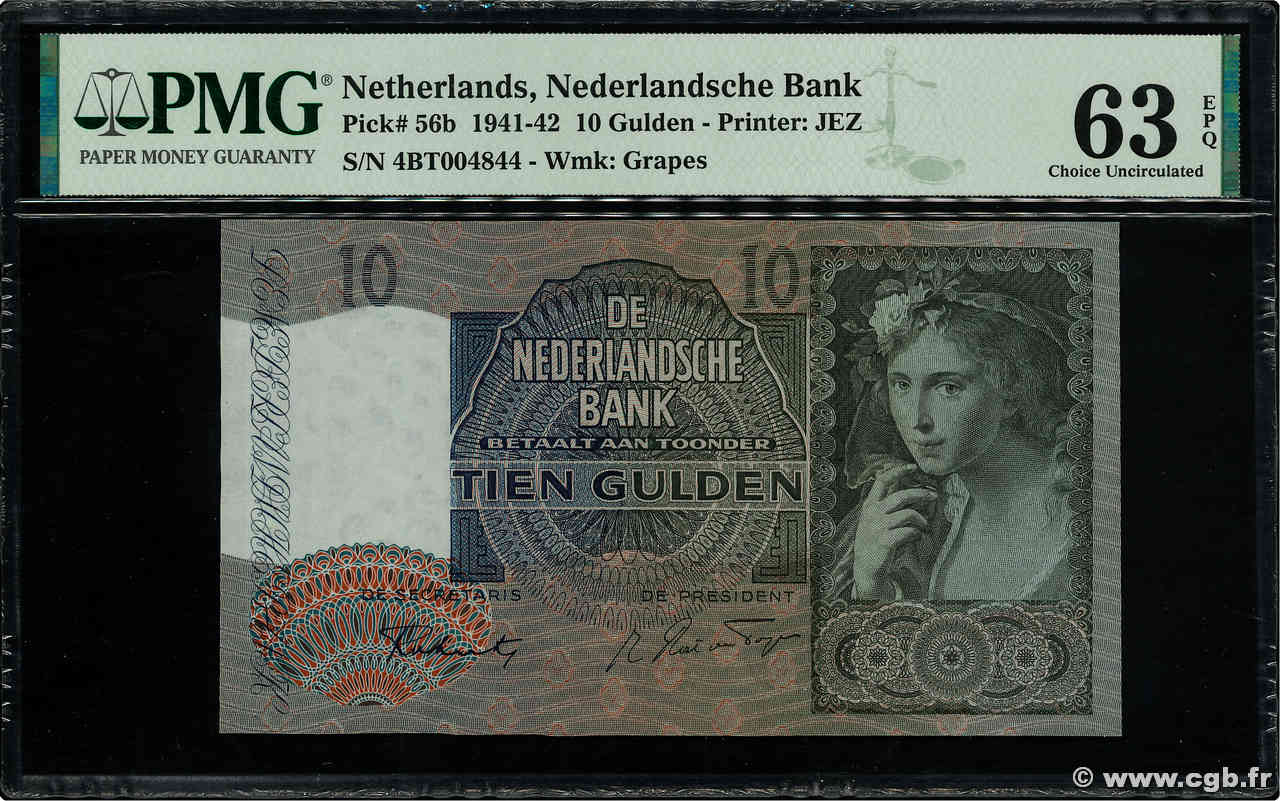 10 Gulden PAESI BASSI  1942 P.056b q.FDC