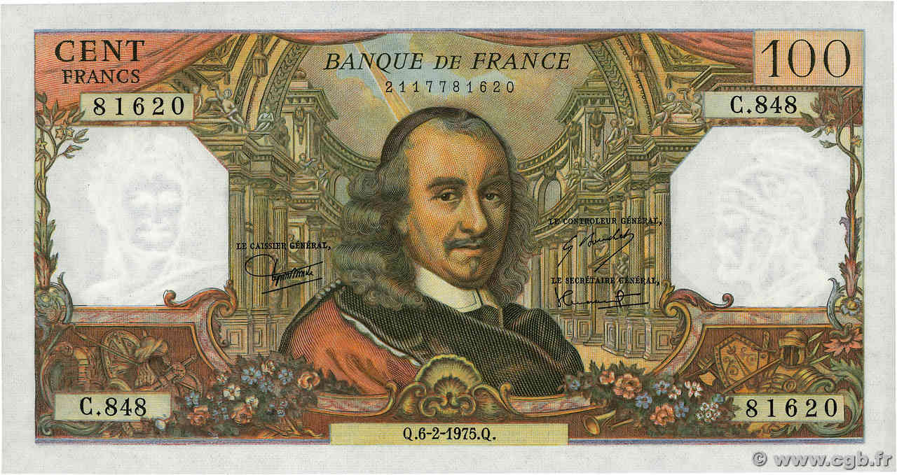 100 Francs CORNEILLE FRANKREICH  1975 F.65.48 fST+