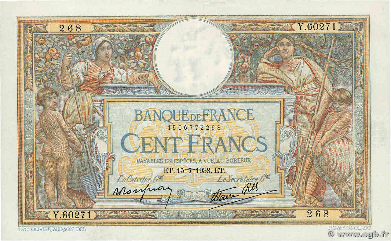 100 Francs LUC OLIVIER MERSON type modifié FRANCIA  1938 F.25.26 EBC