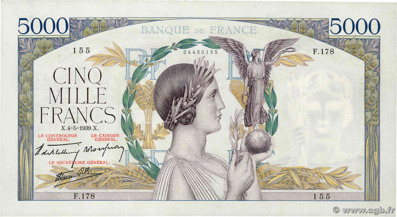 5000 Francs VICTOIRE Impression à plat FRANKREICH  1939 F.46.05 fVZ