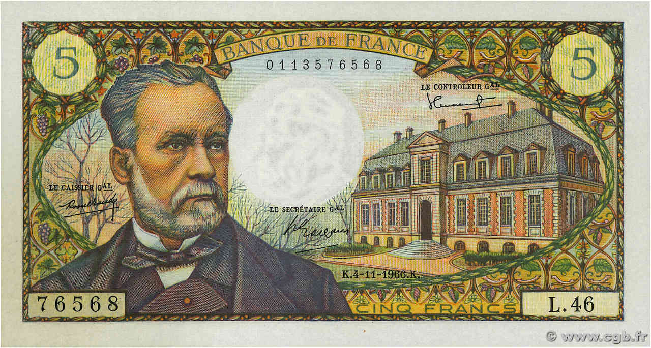 5 Francs PASTEUR FRANCE  1966 F.61.04 AU-